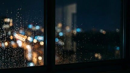Fototapeta premium Rainy window at night looking out onto blurred city traffic lights. Moody, atmospheric bokeh background with water drops.