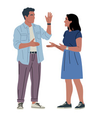 Fototapeta premium Two people converse in a casual, friendly pose. They gesture with open hands, showing mutual respect. The man wears a light jacket and casual pants. The woman responds with a calm