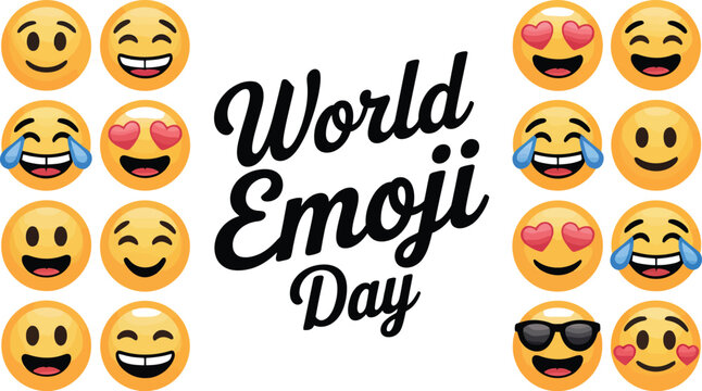 World Emoji Day vector illustration with smiling faces heart eyes sunglasses and laughing expressions celebrating digital communication