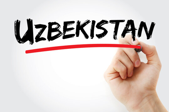 UZBEKISTAN text written by hand on background. Refers to the Central Asian country known for its Silk Road history and architecture. Useful for travel, geography, and education projects