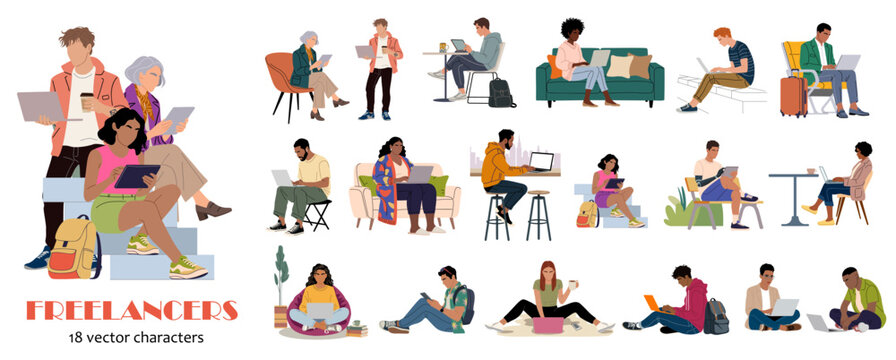Set of diverse freelancers. People relax, work, or collaborate using laptops. Each character shows focus or casual comfort. Ideal for remote work, digital nomad