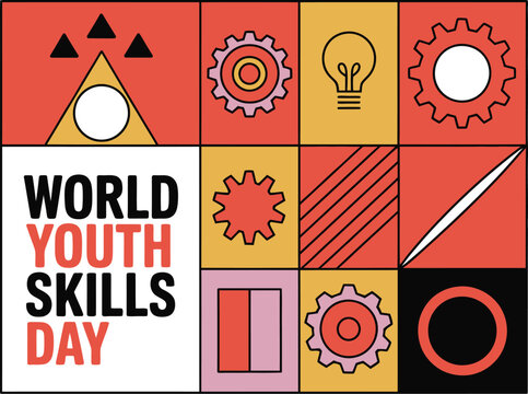 World Youth Skills Day vector illustration with colorful geometric icons highlighting innovation creativity and technical development