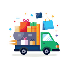 Fototapeta premium Delivery truck with colorful gift boxes and shopping bags