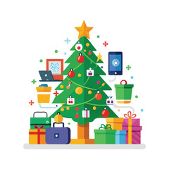 Fototapeta premium Christmas tree with gifts and tech items vector illustration