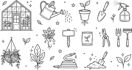 Gardening agriculture greenhouse traditional vector elements doodle set with watering can shovel plants tools soil seeds hose spray © Mst