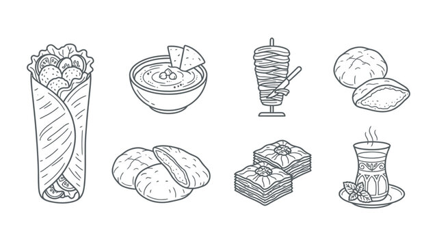 Hand Drawn Middle Eastern Cuisine Collection Featuring Traditional Falafel Wraps Hummus Shawarma Pita Bread Baklava and Tea
