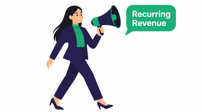 Businesswoman holding megaphone for recurring revenue announcement.