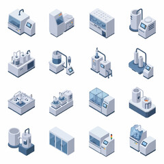 Isometric illustration of various laboratory and medical equipment. © Syakilla
