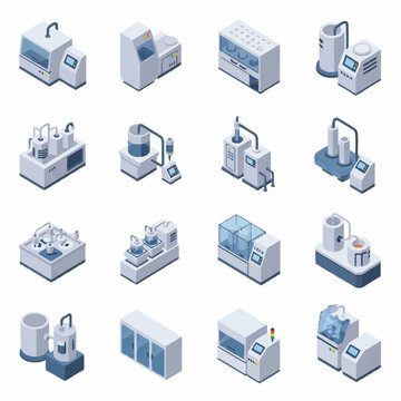 Isometric illustration of various laboratory and medical equipment.