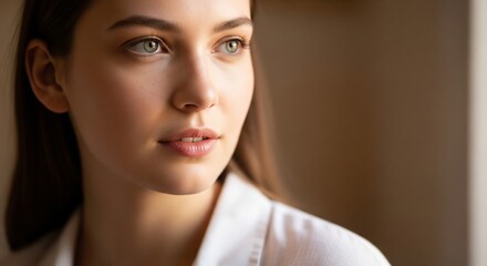 Fototapeta premium Side profile portrait of a young brunette woman in a white shirt looking out a window with a thoughtful expression