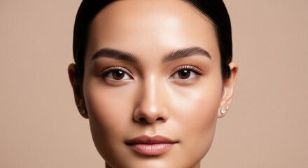 Fototapeta premium Studio headshot of a beautiful young woman with sleek dark hair pulled back, looking directly ahead with a neutral expression on a beige background