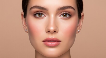 Fototapeta premium Studio beauty portrait of a flawless young woman with rosy cheeks and soft makeup looking forward on a solid beige background