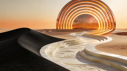 Naklejka premium Abstract Golden Archway Pathway Sculpture in Surreal Desert Landscape with Soft Orange Sky