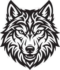 Fototapeta premium Aggressive Tribal Wolf Head Logo Illustration with Detailed Black Silhouette Design for Branding Mascots Tattoos and Emblems