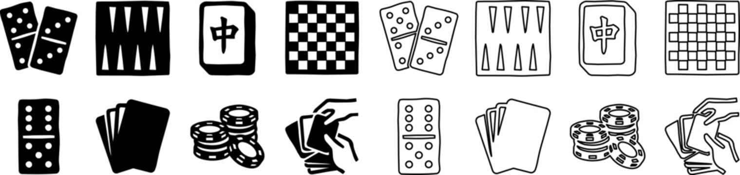 Black and white icons of dominoes, backgammon, mahjong tile, checkerboard, chips, and playing cards