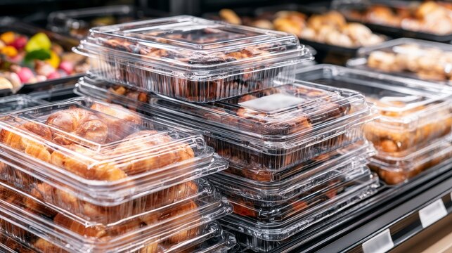 Clear plastic clamshell containers filled with baked goods stacked on supermarket bakery shelf, close up front view showing packaged pastries and retail food display