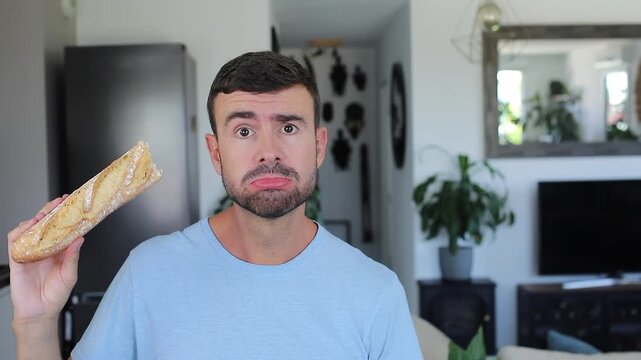 Frustrated Celiac Man Holding Handwritten Gluten Free Sign with Anxiety Finding out there exist bread without gluten
