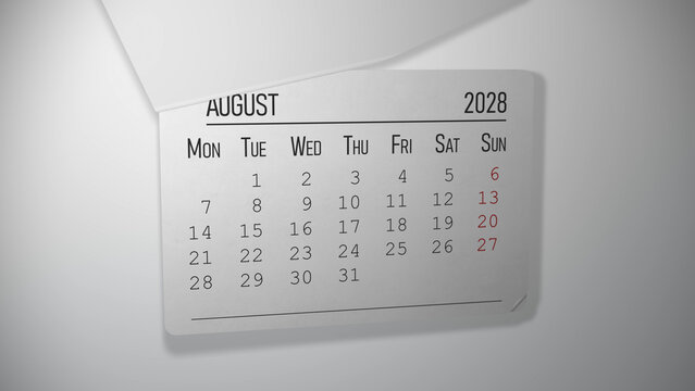 August 2028 calendar with a tearing page curling on a light grey background, clean minimalist look about passing months, great for planning, deadlines and timelines.