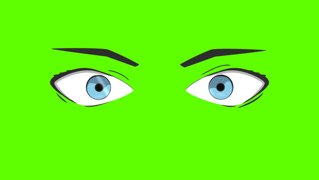 Angry cartoon eyes with a frown and blue irises on a green screen, loopable motion-graphic style for keying, comedy animation, social media and explainer video content.