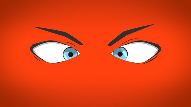 Intense comic eyes narrowing in anger on a fiery orange background, bold cartoon style for reaction memes, comedy animation and attention-grabbing social media clips.