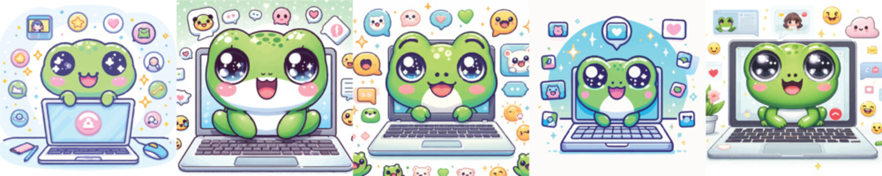 Vector of a cute cartoon frog character participating in a video call