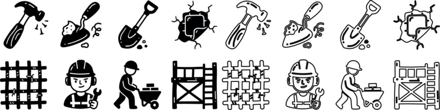 Construction and masonry tools and worker icons set with hammer, trowel, shovel, wall crack, scaffolding, fence, and laborer