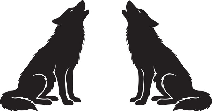 Twin Howling Wolf Silhouettes Facing Each Other in Symmetrical Wildlife Design Isolated on White Background for Creative Projects