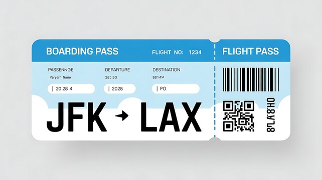 Blue Boarding Pass Template. Flat Vector Airline Ticket for travel, airline, booking, tourism, airport