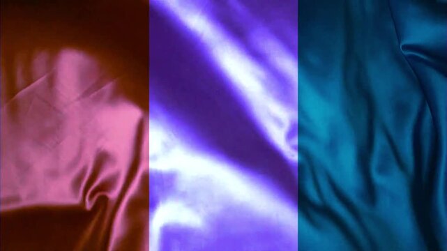 Abstract Triptych of Flowing Silky Fabric in Red Purple and Blue Hues with Dramatic Lighting