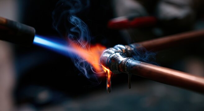Fiery torch melts solder to join copper pipes