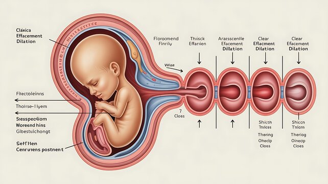 stages of cervical effacement and dilation during labor, depicting gradual opening and thinning of the cervix diagram hand drawn schematic raster illustration. Medical science educational illustration