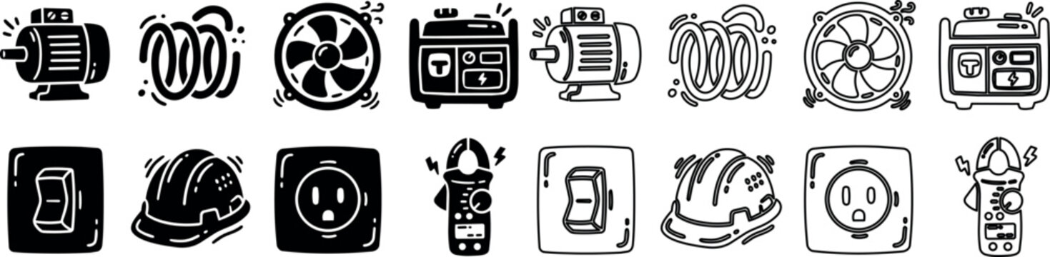 Electric motor, coil, fan, generator, switch, helmet, outlet, and tester icons in black and outline style