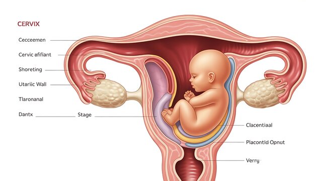 stages of cervical effacement and dilation during labor, depicting gradual opening and thinning of the cervix diagram hand drawn schematic raster illustration. Medical science educational illustration