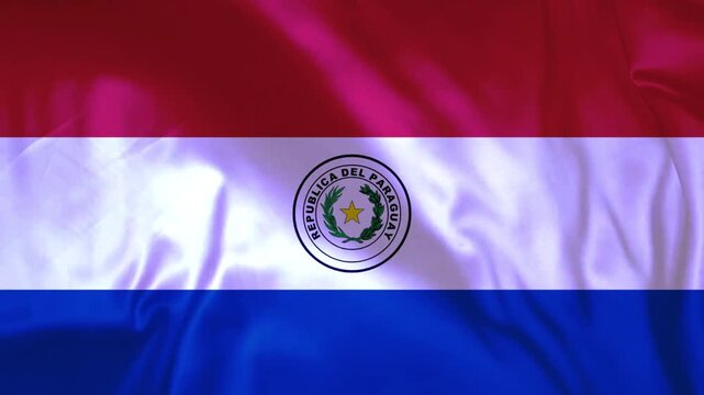 Waving Paraguayan flag with national emblem and satin texture in red white and blue colors