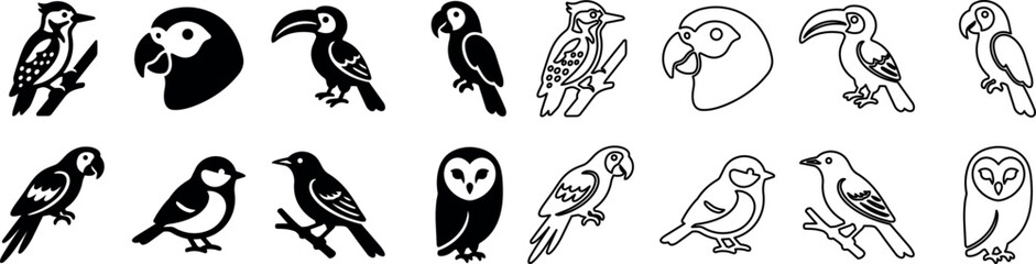 Obraz premium Set of black and white bird icons including woodpecker, parrot, toucan, owl, and songbird