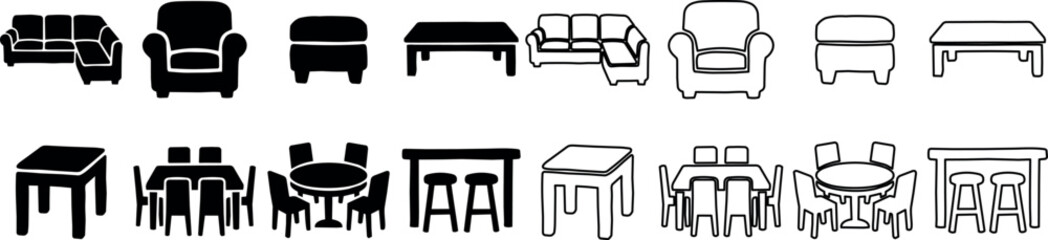 Fototapeta premium Silhouette icons of sofas, armchairs, stools, and dining tables with chairs