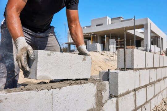 Professional construction worker laying concrete block on mortar wall at residential building site under blue sky, close-up view of hands in protective gloves.