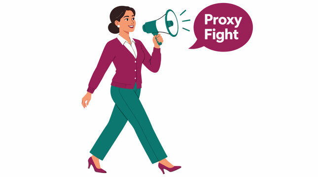 Woman with megaphone advocating for proxy fight.