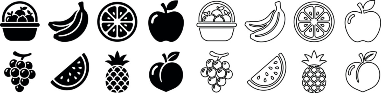 Fruit icons including basket, banana, citrus slice, grapes, watermelon, pineapple, and peach in filled and outline styles