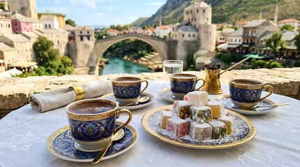 Traditional bosnian coffee served with turkish delight overlooking the stari most bridge in mostar, bosnia and herzegovina