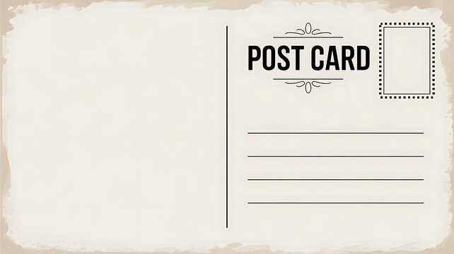 Empty back of travel postcard with place postage stamp. Vector vintage template postcard design 