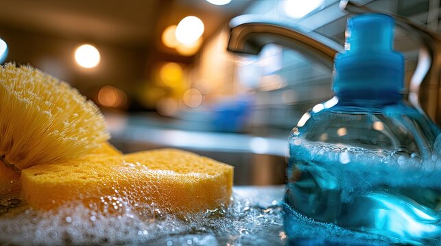 Close-up of soapy dish sponge and blue soap dispenser with faucet