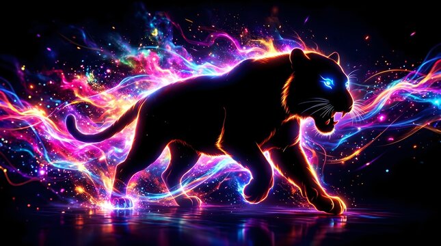 A panther runs quickly through a vibrant, glowing neon environment with sparks.
