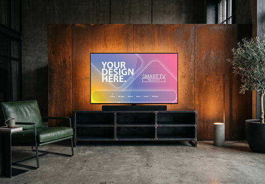 Smart Tv Mockup in living room with metal rust wall