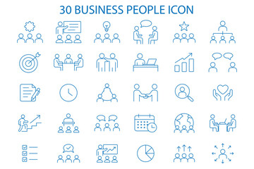 Obraz premium 30 Business People Line Icons Set – Teamwork, Leadership, Organization and Corporate Outline Vector Collection