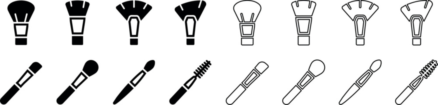 Set of makeup brush icons including powder brush, eyeshadow brush, and spoolie brush in solid and outline styles