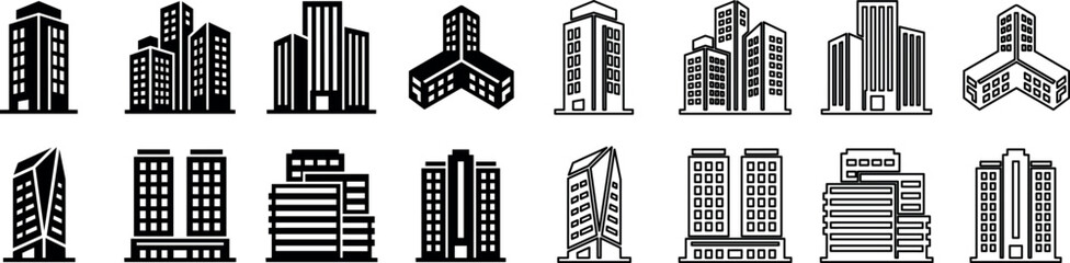 Obraz premium Set of modern building icons with diverse high-rise architecture silhouettes