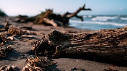 Fototapeta premium A tilted view of the seashore featuring intricate driftwood and natural organic shapes inviting explo n