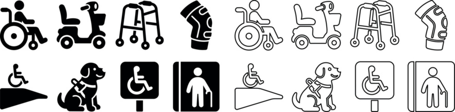 Accessibility and mobility aid icons including wheelchair, mobility scooter, walker, knee brace, service dog, and accessibility signs