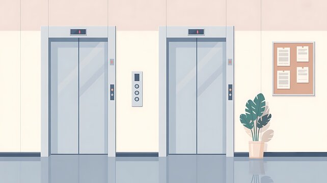 Modern Elevator lobby interior with two closed lift doors, call buttons. Minimal office or apartment building hallway with wall, potted plant, notice board in flat vector style. 